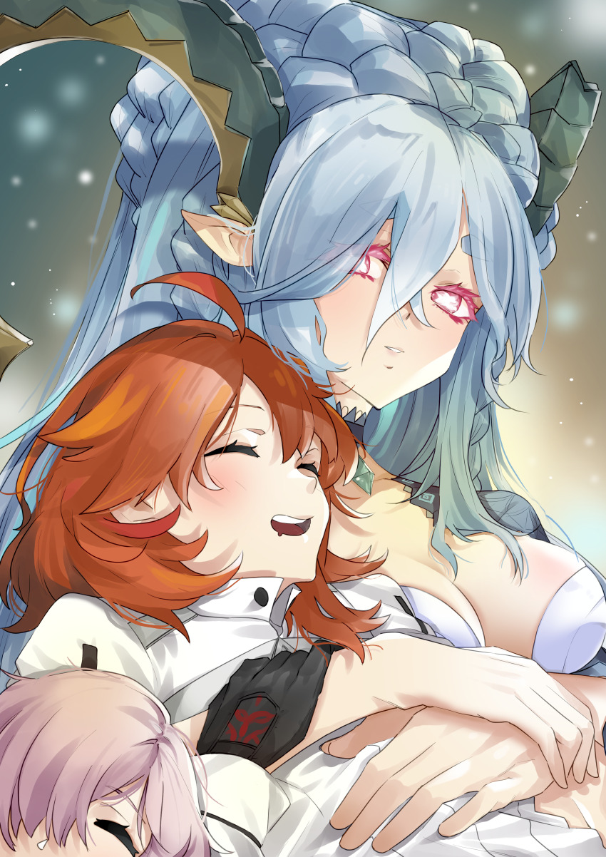 3girls, absurdres, blue_hair, breasts, brown_hair, cleavage, closed_eyes, dragon_horns