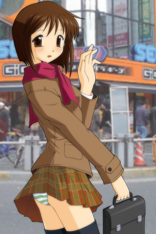 00s, 1girl, bag, black_thighhighs, blush, brown_eyes, brown_hair, coat