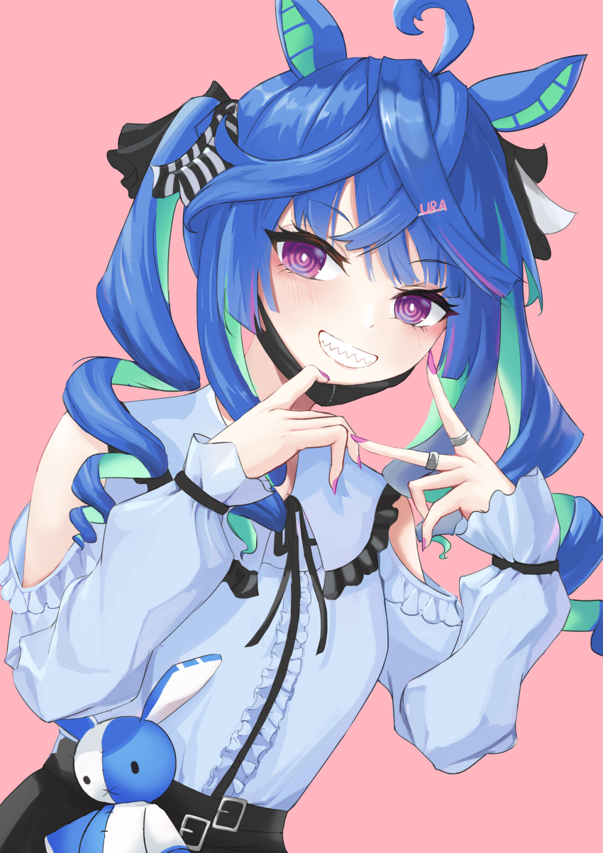 1girl, @_@, absurdres, animal_ears, blue_hair, highres, horse_ears, horse_girl