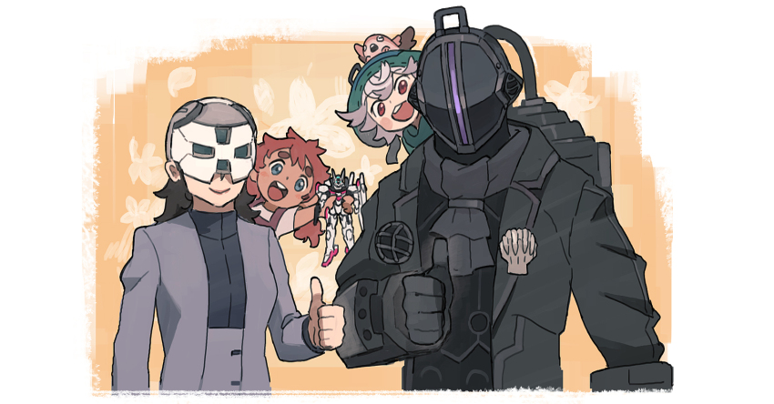 1boy, 3girls, :d, ascot, backpack, bag, black_ascot, black_coat