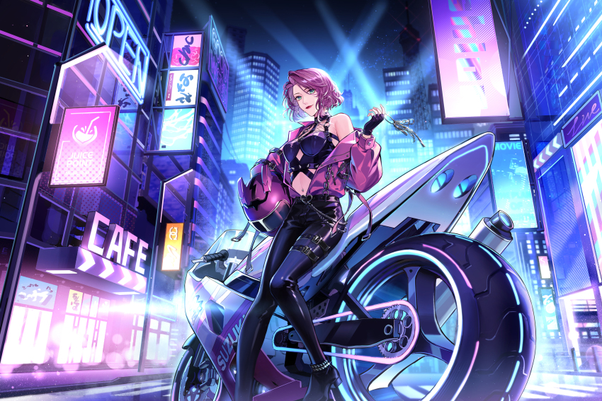 1girl, absurdres, ai_jia, bare_shoulders, belt, belt_buckle, black_belt, black_boots, black_gloves, black_pants, black_shirt, boots, breasts, buckle, building, buttons, chain, chinese_commentary, city, closed_mouth, clothing_cutout, commentary_request, crop_top, dream_mansion, eyelashes, fingerless_gloves, fishnet_top, fishnets, foot_out_of_frame, glint, gloves, green_eyes, hand_up, heart, heart-shaped_buckle, helmet, highres, holding, jacket, keyring, kongzao, lens_flare, light_particles, lipstick, long_sleeves, looking_at_viewer, makeup, medium_breasts, motor_vehicle, motorcycle, motorcycle_helmet, navel, navel_piercing, neon_lights, night, off_shoulder, open_clothes, open_jacket, outdoors, pants, parted_bangs, piercing, puffy_long_sleeves, puffy_sleeves, purple_hair, purple_jacket, purple_ribbon, red_lips, ribbon, road, shirt, short_hair, sign, sky, skyscraper, sleeveless, sleeveless_shirt, smile, spikes, standing, stomach, street, swept_bangs, tower, window, zipper, zipper_pull_tab