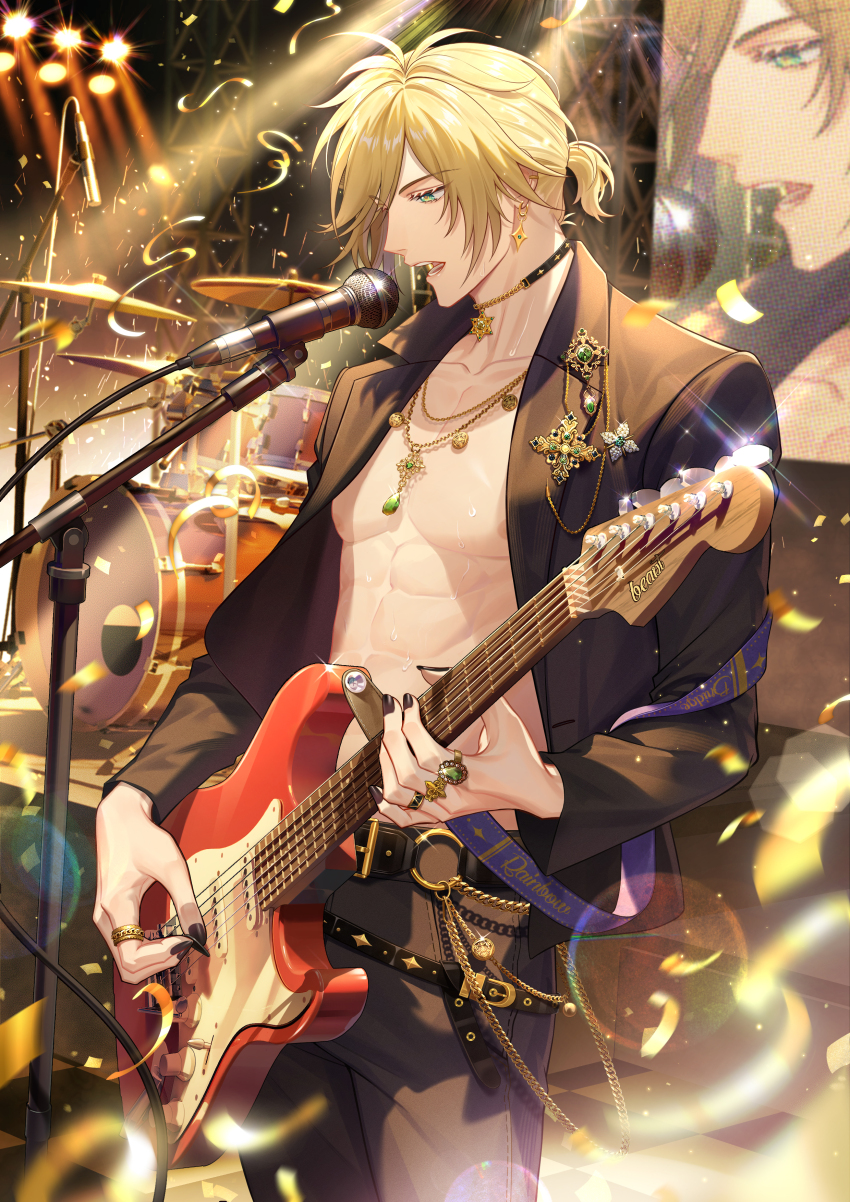 1boy, abs, absurdres, belt, black_belt, black_choker, black_jacket, black_nails