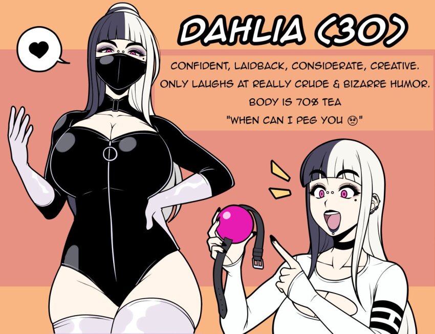 1girl, alternate_costume, alternate_hairstyle, ball_gag, black_hair, black_lips, black_nails, blue_lips, blunt_bangs, breasts, character_name, cleavage, dahlia_(jam-orbital), elbow_gloves, emoji, english_text, gag, gloves, heart, heart-shaped_pupils, introduction, jam-orbital, large_breasts, long_hair, looking_at_viewer, mask, mole, mole_under_eye, mouth_mask, multicolored_hair, original, pink_eyes, speech_bubble, symbol-shaped_pupils, thighs, two-tone_hair, white_hair