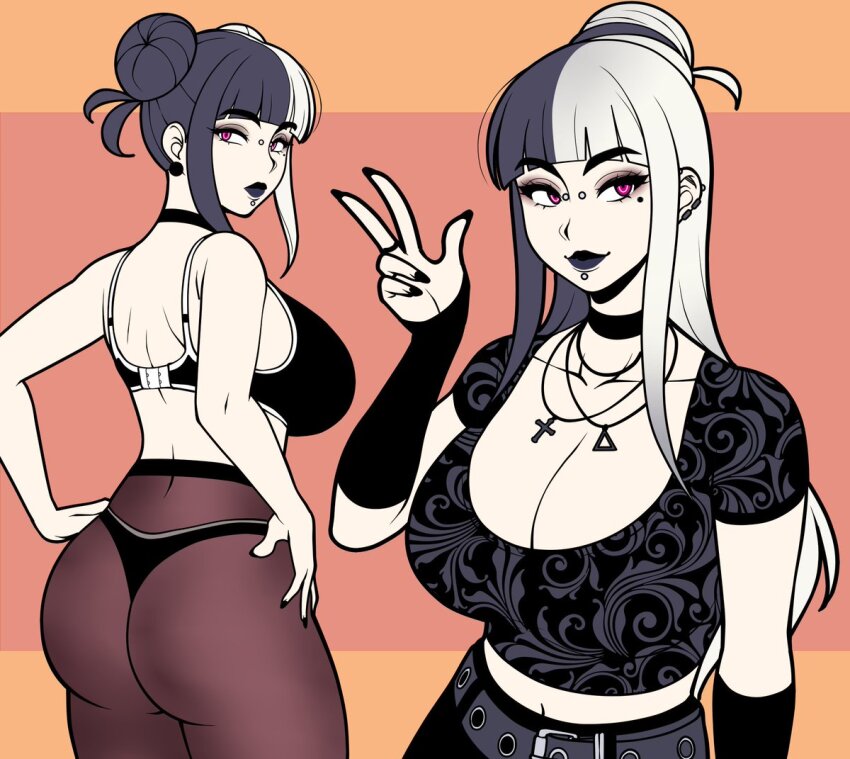 1girl, alternate_costume, alternate_hairstyle, ass, black_bra, black_hair, black_lips, black_nails, blue_lips, blunt_bangs, bra, breasts, reference_sheet, cleavage, cross, cross_necklace, dahlia_(jam-orbital), double_bun, female_focus, hair_bun, jam-orbital, jewelry, large_breasts, looking_at_viewer, mole, mole_under_eye, multicolored_hair, multiple_views, navel, necklace, official_alternate_hairstyle, original, pink_eyes, short_sleeves, split-color_hair, thighs, thong, two-tone_hair, underwear, upper_body, white_hair