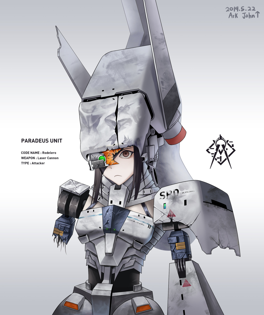1girl, amputee, ark_john_up, armor, artist_name, assault_visor, black_hair, broken