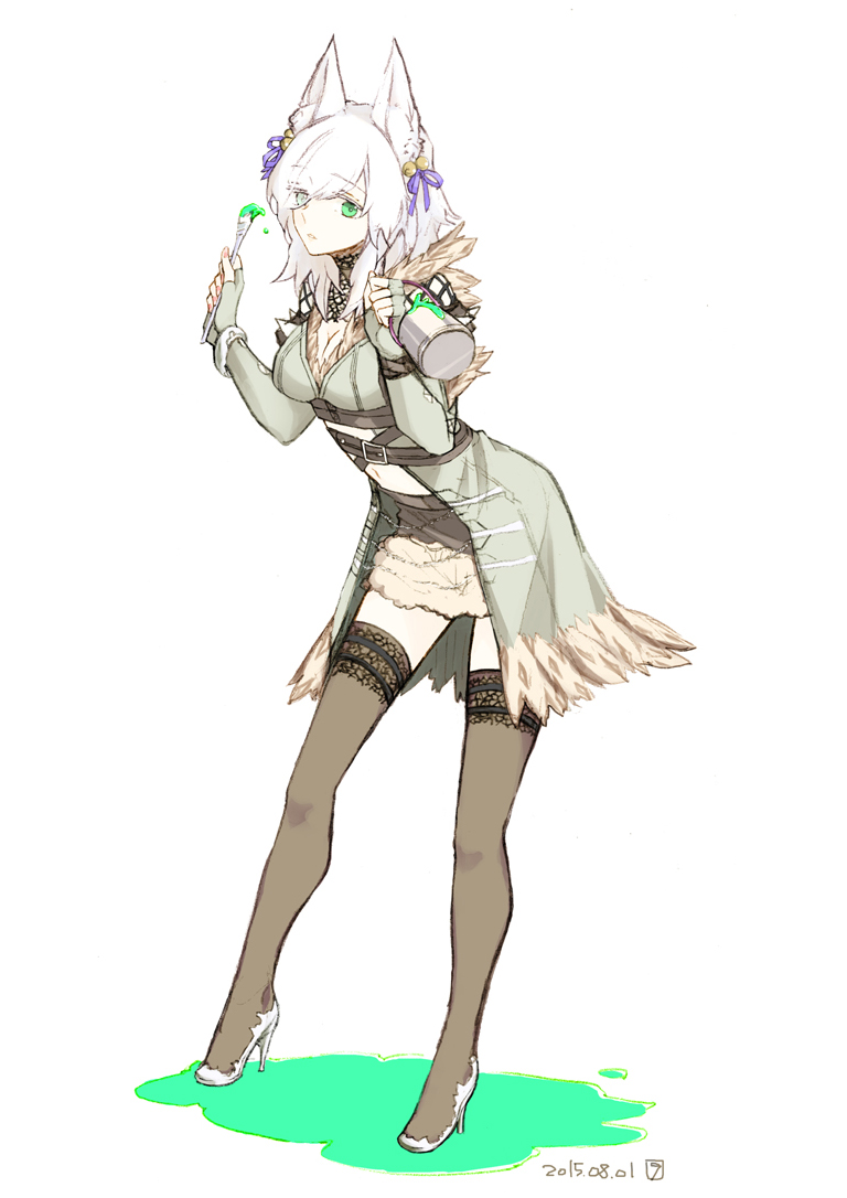 1girl, animal_ear_fluff, animal_ears, bell, breasts, brown_skirt, brown_thighhighs, can