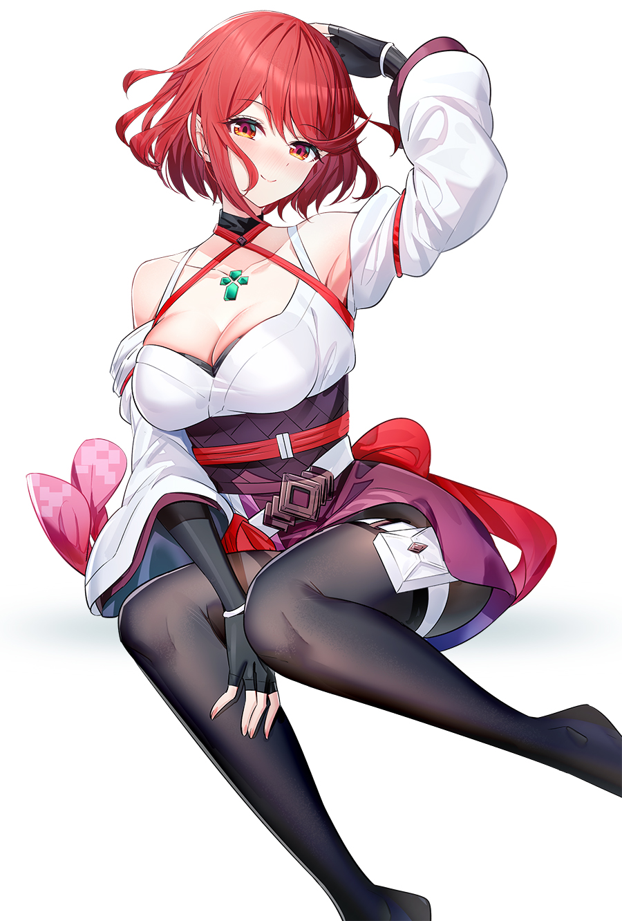 1girl, arm_up, black_gloves, black_pantyhose, black_shorts, blush, breasts, chest_jewel, cleavage, collarbone, commentary_request, cosplay, elbow_gloves, fingerless_gloves, glimmer_(xenoblade), glimmer_(xenoblade)_(cosplay), gloves, highres, large_breasts, long_hair, long_sleeves, looking_at_viewer, obi, off_shoulder, pantyhose, pouch, purple_skirt, pyra_(xenoblade), red_eyes, red_hair, ririko_(zhuoyandesailaer), sash, shirt, shorts, simple_background, skirt, smile, solo, swept_bangs, thighs, white_background, white_shirt, xenoblade_chronicles_(series), xenoblade_chronicles_2, xenoblade_chronicles_3, xenoblade_chronicles_3:_future_redeemed