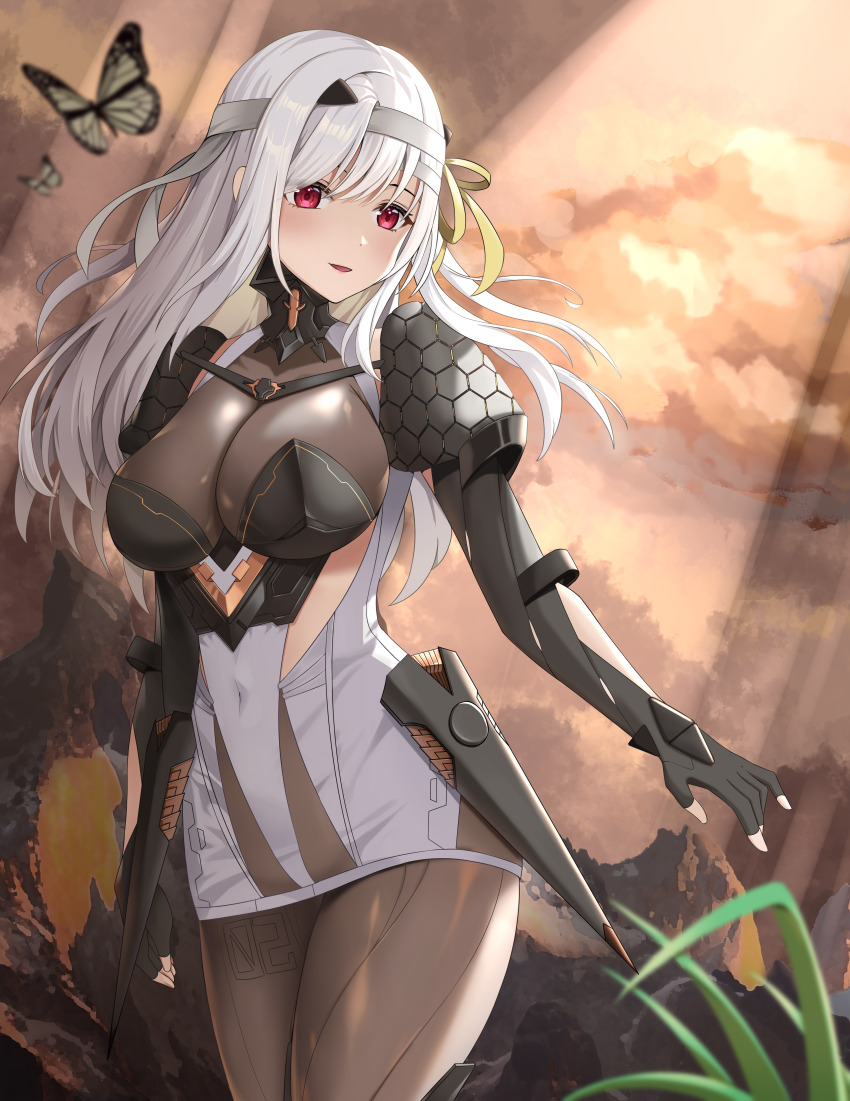 1girl, absurdres, armor, armored_gloves, bandaged_head, bandages, black_gloves, bodystocking