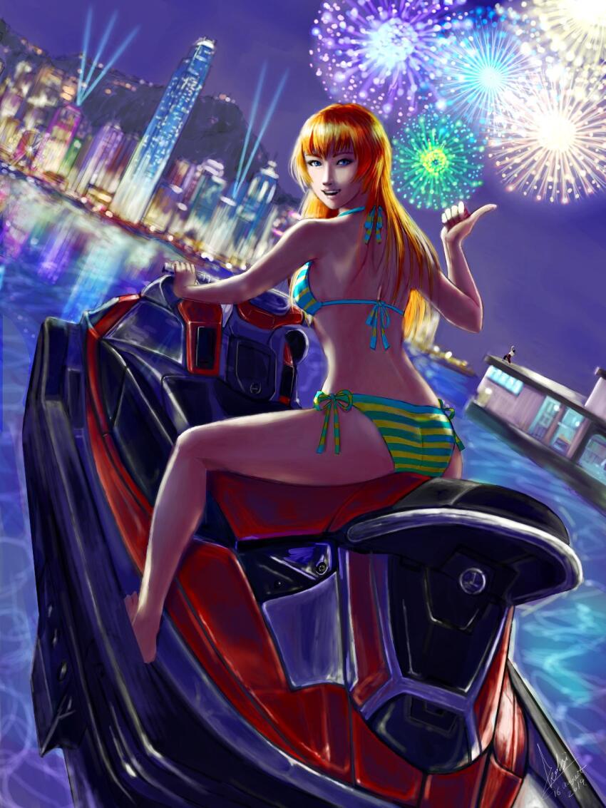 1girl, ass, beach, bikini, female_focus, fireworks, highres, jet_ski