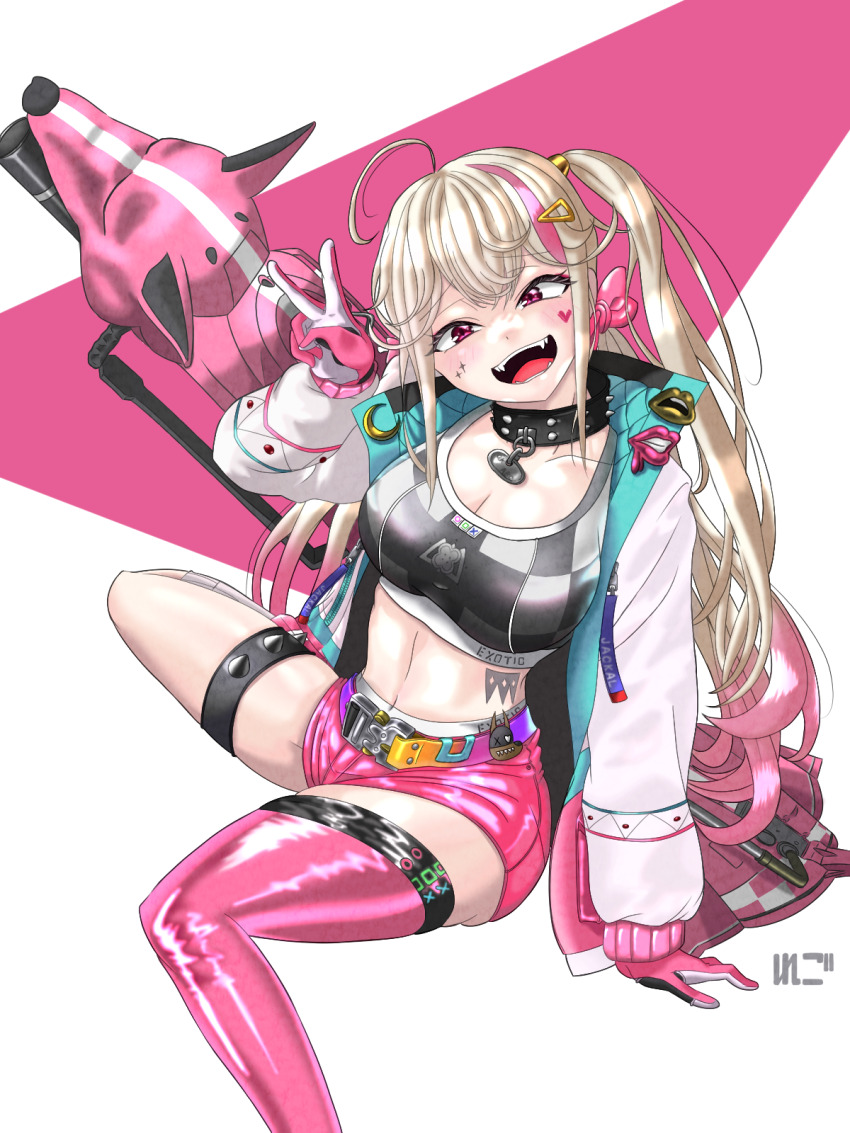 1girl, ahoge, asymmetrical_hair, belt, black_collar, black_sports_bra, blonde_hair, blush, bow, breasts, checkered_clothes, cleavage, collar, commentary, eyelashes, eyeshadow, facial_tattoo, gloves, goddess_of_victory:_nikke, gradient_hair, grin, hair_between_eyes, hair_bow, hair_ornament, hairclip, heart, heart_tattoo, highres, iridescent_clothes, iridescent, jackal_(nikke), jacket, kazami-rego, large_breasts, long_hair, looking_at_viewer, low_twintails, makeup, multicolored_gloves, multicolored_hair, navel, open_clothes, open_jacket, outstretched_hand, photo_(object), pink_bow, pink_eyes, pink_eyeshadow, pink_gloves, pink_hair, pink_shorts, pink_thighhighs, short_shorts, shorts, side_ponytail, sidelocks, simple_background, single_thighhigh, smile, solo, spiked_collar, spikes, sports_bra, stomach_tattoo, tattoo, teeth, thighhighs, twintails, two-sided_fabric, two-sided_jacket, two-tone_hair, underwear, upper_body, white_background, white_jacket