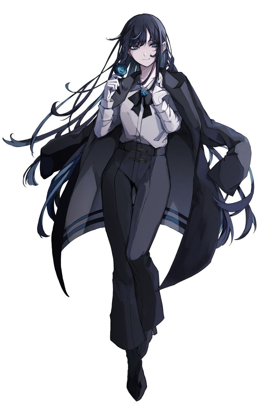 1girl, absurdres, ado_(utaite), black_bow, black_bowtie, black_hair, black_jacket, black_pants