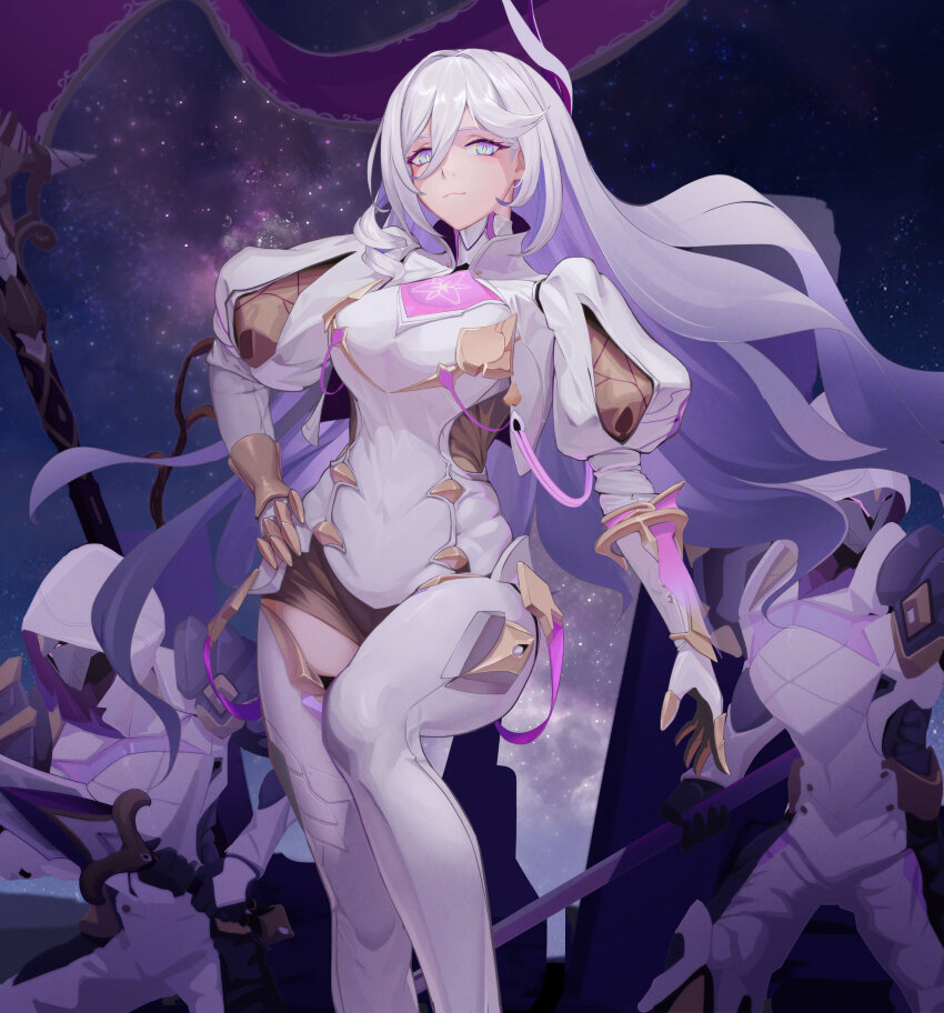 1girl, 2others, absurdres, blue_eyes, breasts, elbow_gloves, feet_out_of_frame, gloves