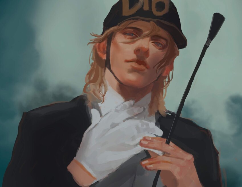 1boy, black_jacket, blonde_hair, closed_mouth, commentary_request, danart14020, diego_brando, gloves, helmet, highres, holding, holding_riding_crop, holding_whip, jacket, jojo_no_kimyou_na_bouken, lips, long_sleeves, looking_to_the_side, male_focus, medium_hair, realistic, riding_crop, riding_outfit, single_glove, solo, standing, steel_ball_run, white_gloves