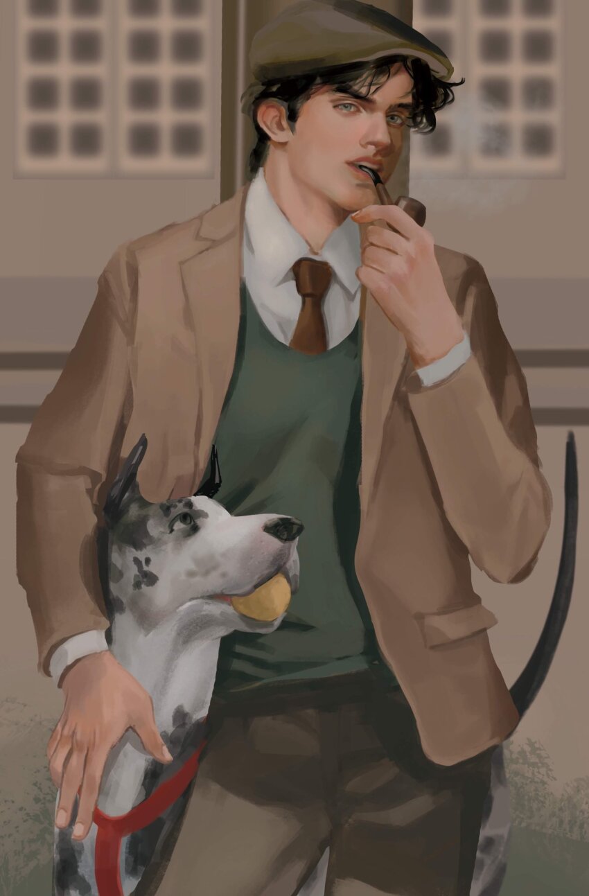 1boy, animal_collar, black_hair, blue_eyes, brown_jacket, brown_pants, collar, commentary_request