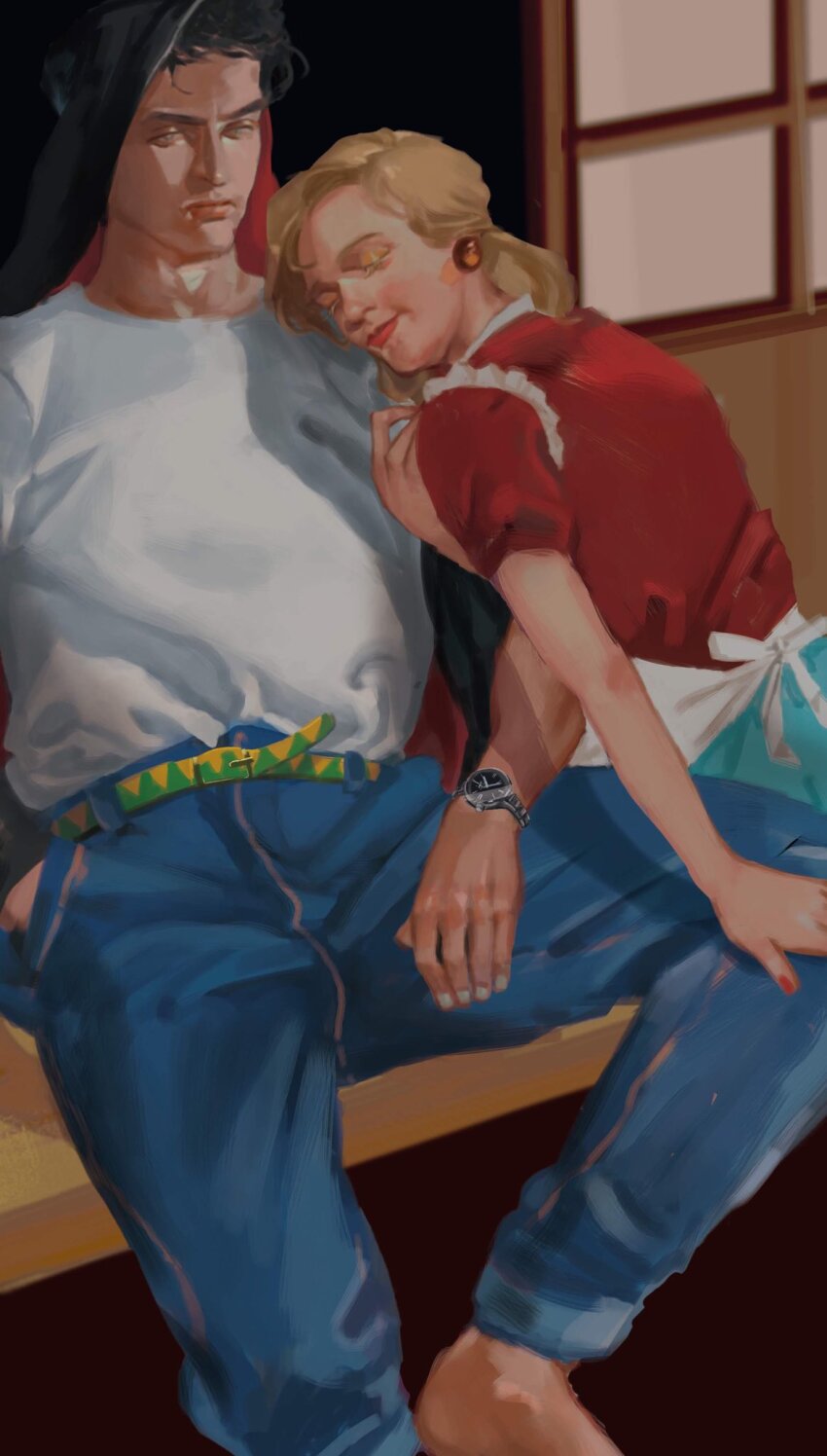 1boy, 1girl, apron, barefoot, belt, black_hair, blonde_hair, blue_pants