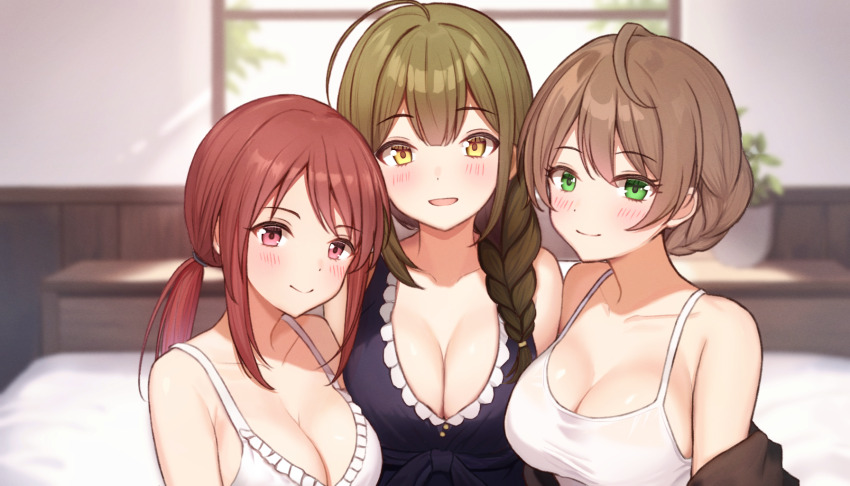 3girls, ahoge, armpit_crease, bed, black_dress, blurry, blurry_background, blush