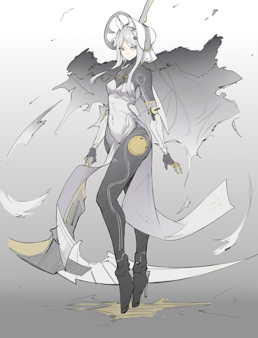 1girl, absurdres, bonnet, cdlo, closed_mouth, dress, grey_dress, grey_hair