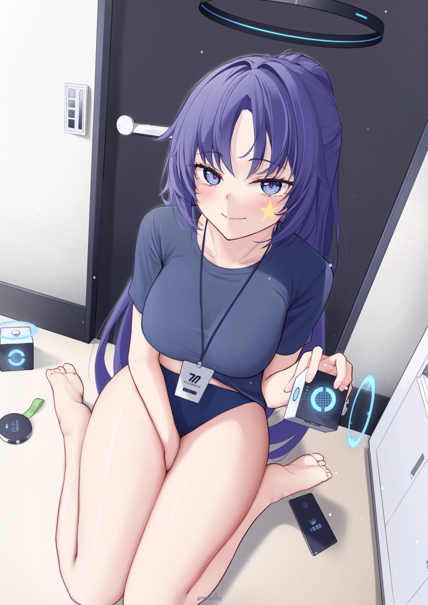 1girl, absurdres, bare_legs, barefoot, between_legs, black_shirt, blue_archive, blue_buruma