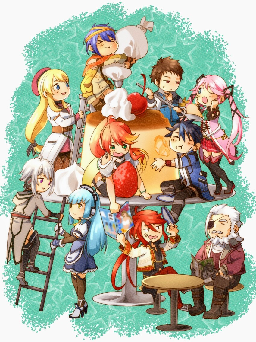 5boys, 5girls, aaron_wei, agnes_claudel, ahoge, antenna_hair, apron, bergard_zeman