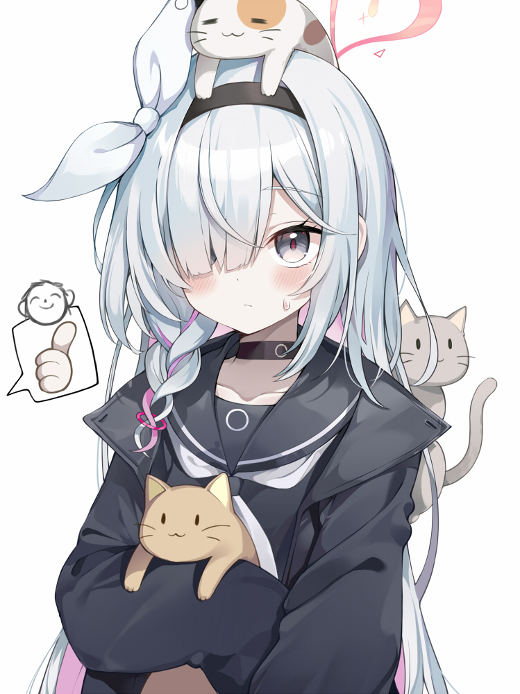 1boy, 1girl, animal, animal_on_head, black_choker, black_coat, black_eyes, black_hairband