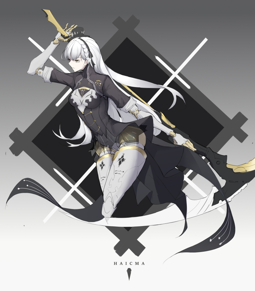 1girl, absurdres, black_dress, black_hairband, black_headwear, cdlo, character_name, dress