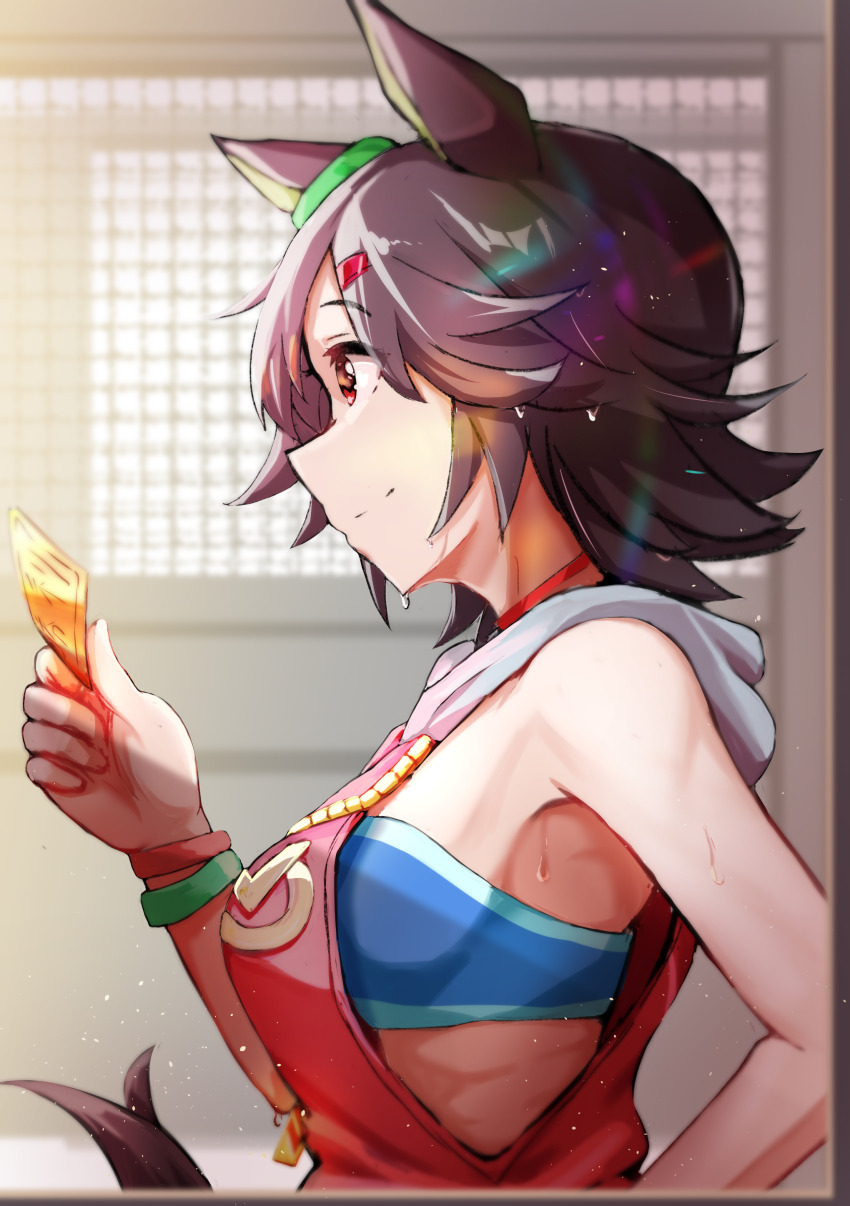 1girl, absurdres, animal_ears, bandeau, black_hair, breasts, choker, closed_mouth