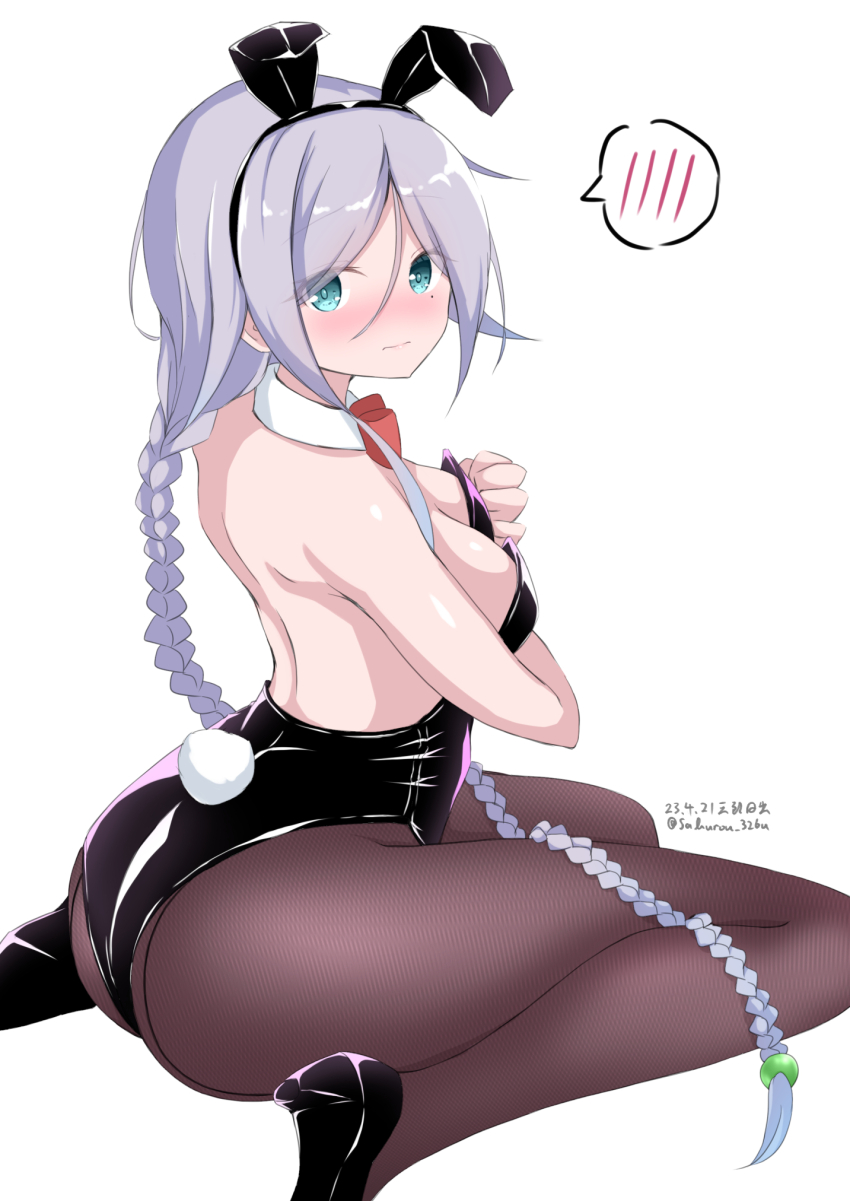 1girl, alternate_costume, animal_ears, ass, bare_shoulders, black_bow, black_bowtie, black_footwear, black_leotard, black_pantyhose, blue_eyes, blush, bow, bowtie, braid, breasts, dated, detached_collar, embarrassed, fake_animal_ears, fake_tail, grey_hair, hair_flaps, hair_tie, high_heels, highleg, highleg_leotard, highres, kantai_collection, leotard, long_hair, looking_at_viewer, medium_breasts, mole, mole_under_eye, pantyhose, playboy_bunny, rabbit_ears, rabbit_tail, saburou_hiji, single_braid, sitting, solo, strapless, strapless_leotard, tail, traditional_bowtie, twitter_username, umikaze_(kancolle), very_long_hair, wariza, wrist_cuffs