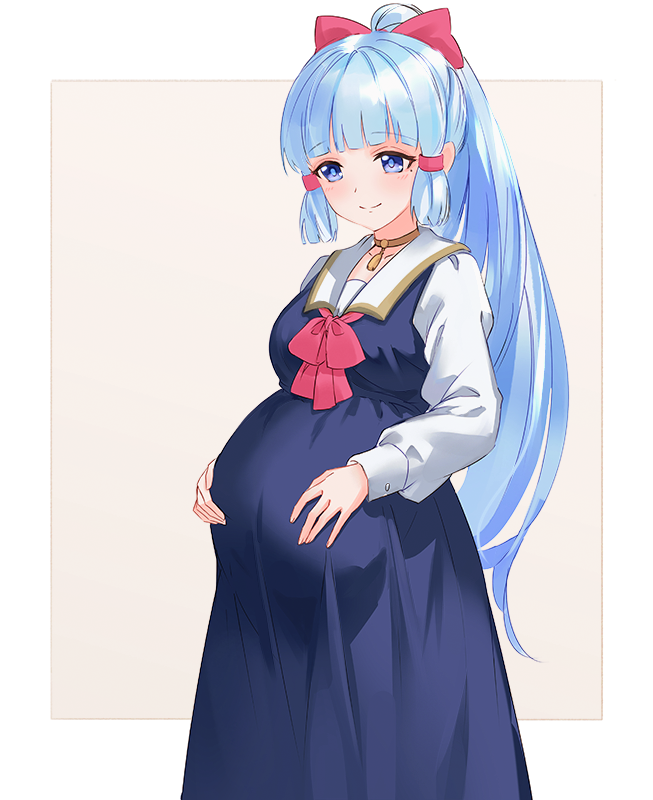 1777_kaki, 1girl, ayaka_(genshin_impact), blue_dress, blue_eyes, blue_hair, blunt_bangs, blunt_tresses, bow, commentary_request, commission, cowboy_shot, dress, genshin_impact, hair_bow, hair_ribbon, hands_on_own_stomach, jewelry, light_blue_hair, long_hair, long_sleeves, mole, mole_under_eye, necklace, pink_bow, ponytail, pregnant, ribbon, sidelocks, simple_background, skeb_commission, smile, solo, standing, tress_ribbon