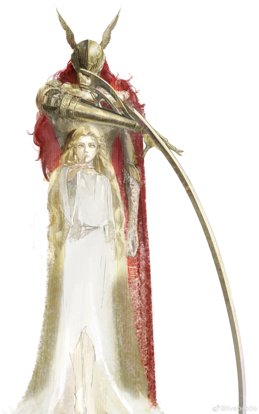1boy, 1girl, absurdres, androgynous, arm_at_side, barefoot, blonde_hair, braid, brother_and_sister, brown_robe, cape, chinese_commentary, commentary_request, covered_eyes, dress, elden_ring, expressionless, facing_viewer, full_body, fur-trimmed_cape, fur_trim, half_updo, height_difference, helmet, highres, long_hair, looking_at_viewer, malenia_blade_of_miquella, mechanical_arms, miquella_(elden_ring), outstretched_arm, prosthesis, prosthetic_arm, reaching, reaching_towards_viewer, red_cape, red_hair, robe, scar, scar_on_arm, siblings, simple_background, single_braid, single_mechanical_arm, siyemmm, standing, straight-on, sword, tall_female, weapon, white_background, white_dress, wide_sleeves, winged_helmet, yellow_eyes