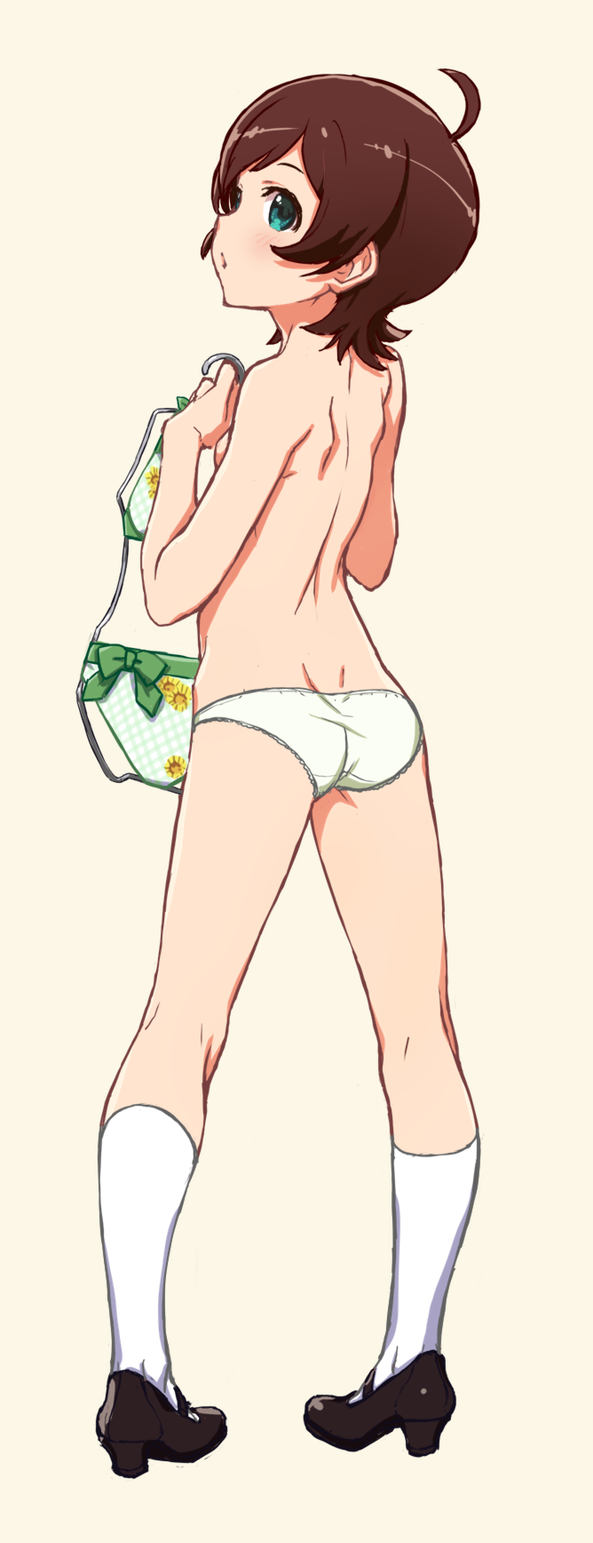 1girl, ahoge, aqua_eyes, ass, back, bikini, black_shoes, bow, breasts, brown_hair, clothes_hanger, floral_print, from_behind, full_body, green_bikini, green_bow, hands_up, heppoko_r, highres, holding, holding_clothes_hanger, idolmaster, idolmaster_million_live!, kinoshita_hinata, legs_apart, light_blush, looking_to_the_side, mary_janes, no_pants, panties, parted_lips, shoes, short_hair, simple_background, small_breasts, socks, solo, standing, swept_bangs, swimsuit, topless_female, twisted_torso, underwear, underwear_only, white_panties, white_socks, yellow_background