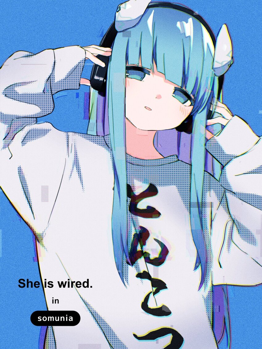 1girl, absurdres, arms_up, blue_background, blue_eyes, blue_hair, blunt_bangs, blush