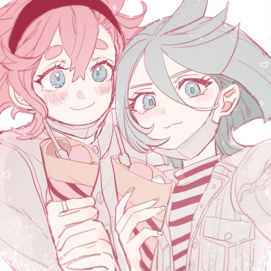 2girls, alternate_costume, alternate_eye_color, alternate_hair_color, blue_eyes, blush, food, green_hair