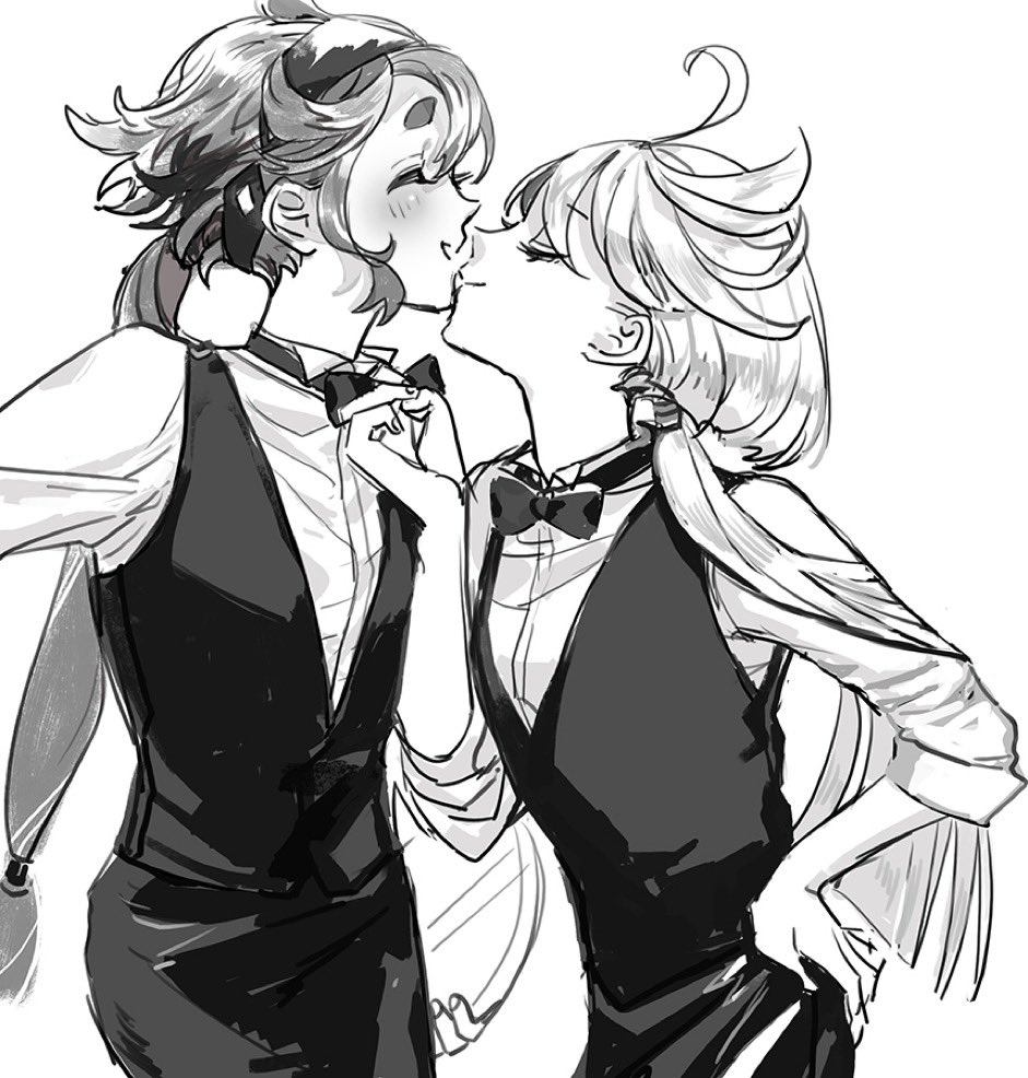 2girls, ahoge, bow, bowtie, dark-skinned_female, dark_skin, formal_clothes, gundam, gundam_suisei_no_majo, hairband, holding, holding_tray, kiss, long_hair, miorine_rembran, multiple_girls, pa_(0127dr), smile, suit, suletta_mercury, thick_eyebrows, tray, vest, yuri