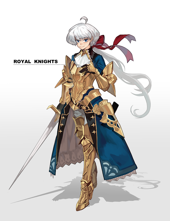 1boy, ahoge, armor, armored_boots, ascot, black_gloves, blue_eyes, blue_shirt, boots, couter, cuirass, english_text, faulds, full_body, gloves, gold_armor, grey_pants, hair_between_eyes, hair_ribbon, hand_on_own_chest, holding, holding_sword, holding_weapon, knight, long_hair, looking_at_viewer, low_ponytail, male_focus, original, pants, ponytail, red_ribbon, ribbon, sennohajime, shadow, shirt, smile, solo, standing, sword, tachi-e, thigh_boots, vambraces, waist_cape, weapon, white_ascot, white_background, white_hair, wing_collar