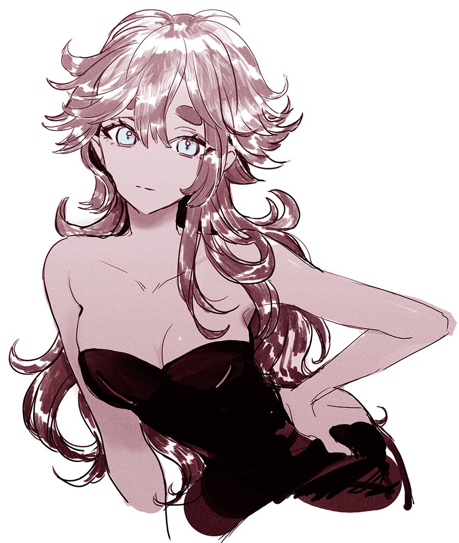 1girl, breasts, cleavage, dark-skinned_female, dark_skin, dress, gundam, gundam_suisei_no_majo, hand_on_own_hip, long_hair, looking_at_viewer, medium_breasts, pa_(0127dr), sleeveless, sleeveless_dress, solo, suletta_mercury, thick_eyebrows, white_background