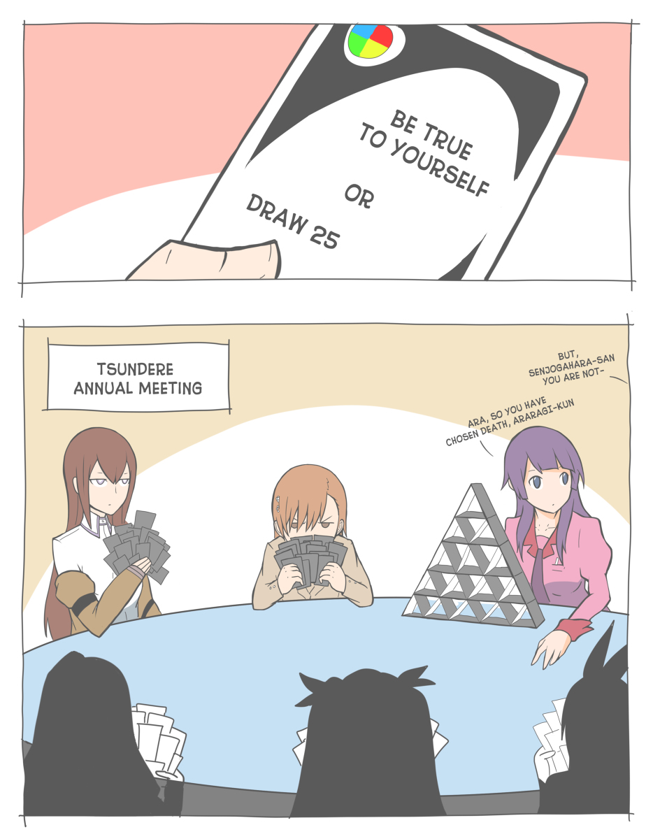 6+girls, aisaka_taiga, card, comic, crossover, draw_25_(meme), english_text, fate/stay_night, fate_(series), highres, kirisaki_chitoge, makise_kurisu, meme, misaka_mikoto, monogatari_(series), multiple_crossover, multiple_girls, naoetsu_high_school_uniform, necktie, nisekoi, playing_card, school_uniform, science_adventure, senjougahara_hitagi, silhouette, steins;gate, toaru_kagaku_no_railgun, toaru_majutsu_no_index, tohsaka_rin, tokiwadai_school_uniform, toradora!, trait_connection, tsundere, uno_(game), wibubox