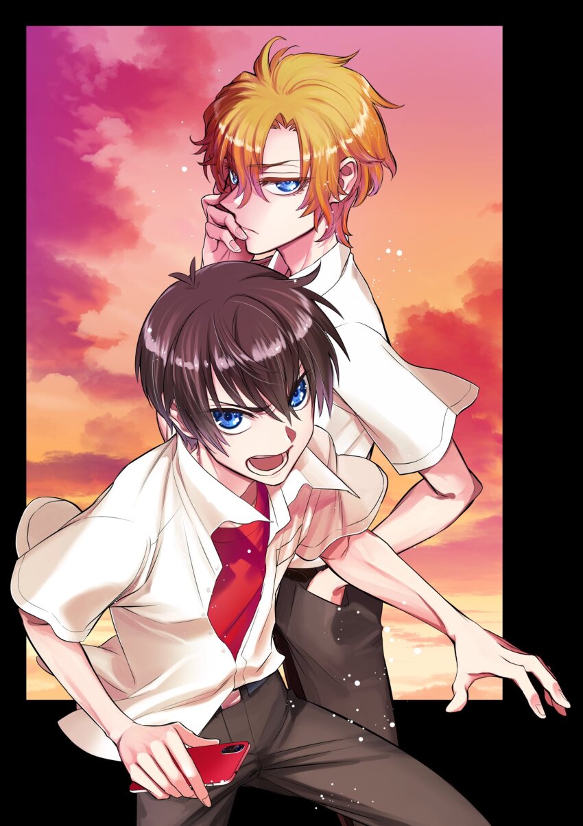 2boys, blue_eyes, brown_hair, brown_pants, cover, cover_page, hand_in_pocket, highres