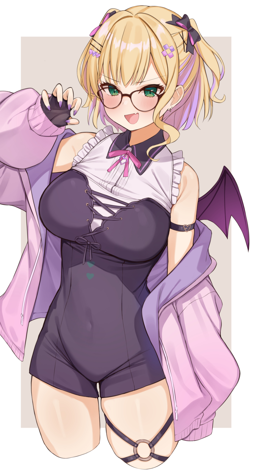 1girl, absurdres, bat_wings, black-framed_eyewear, black_bow, black_gloves, blonde_hair, blush, bow, breasts, choco_tanuki, covered_navel, fang, fingerless_gloves, glasses, gloves, green_eyes, hair_bow, hair_ornament, hairclip, highres, iris_black_games, kurumi_noah, kurumi_noah_(3rd_costume), large_breasts, looking_at_viewer, multicolored_hair, o-ring, o-ring_thigh_strap, open_mouth, outside_border, purple_hair, purple_nails, short_hair, skin_fang, sleeveless, smile, solo, thigh_strap, virtual_youtuber, vspo!, wings, x_hair_ornament