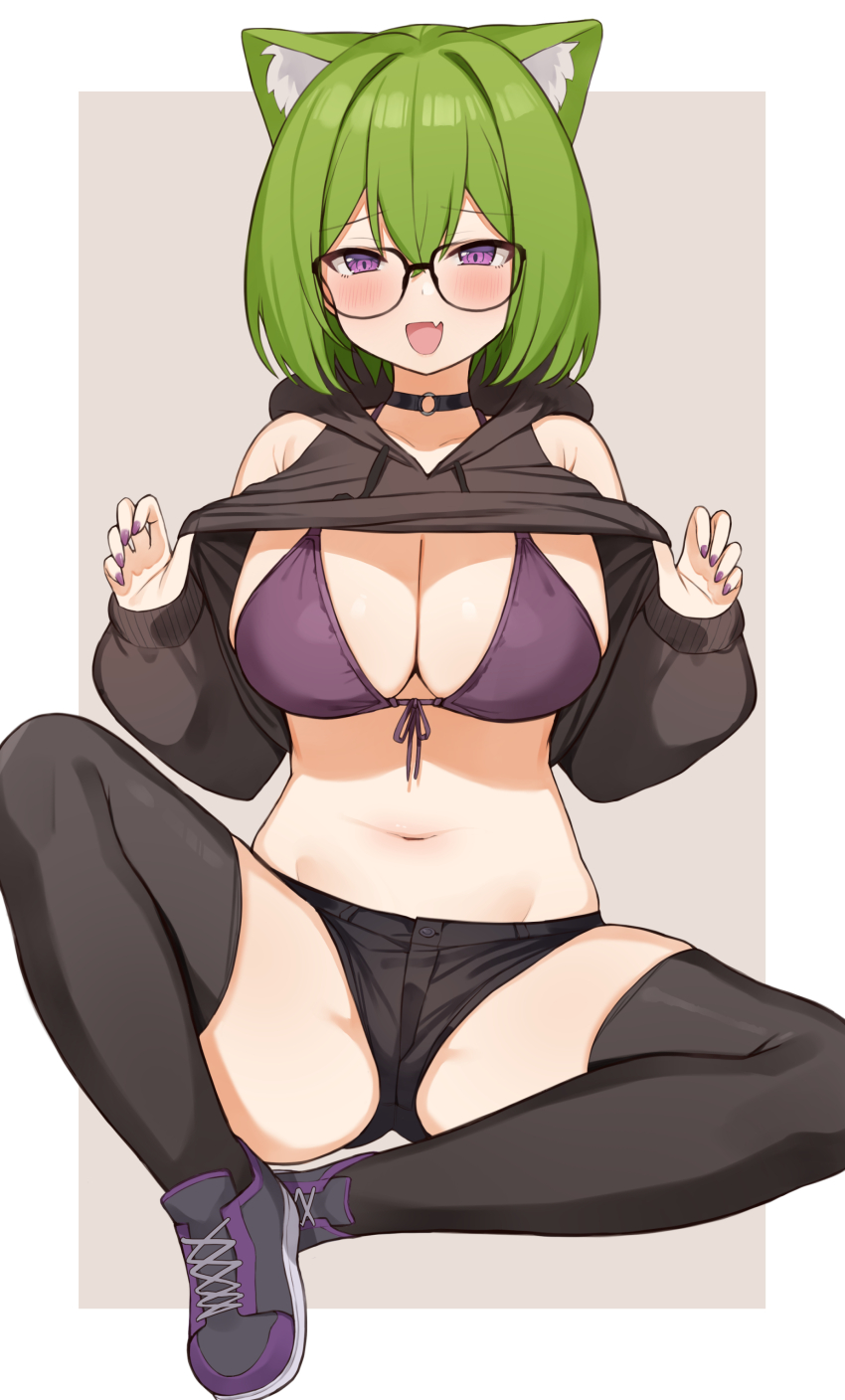 1girl, absurdres, animal_ears, bikini, bikini_top_only, black-framed_eyewear, black_hoodie, black_shorts