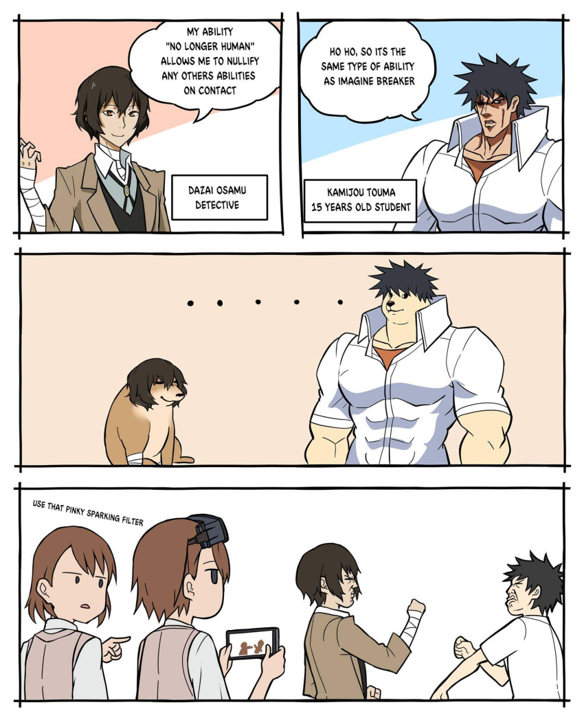 2boys, 2girls, a_certain_high_school_uniform, alternate_muscle_size, bandaged_arm, bandaged_head, bandaged_neck, bandages, black_suit, brown_eyes, brown_hair, brown_sweater_vest, bungou_stray_dogs, catfight, cellphone, cheemsburger_(doge), clone, comic, crossover, dazai_osamu_(bungou_stray_dogs), dog, doge, english_text, exposed_muscle, fighting, formal_clothes, head-mounted_display, highres, imagine_breaker, jojo_no_kimyou_na_bouken, kabosu_(dog), kamijou_touma, long_coat, misaka_imouto, misaka_mikoto, multiple_boys, multiple_girls, muscular, muscular_male, parody, phone, power_connection, punching, recording, scene_reference, school_uniform, siblings, sisters, spiked_hair, style_parody, suit, sweater_vest, toaru_kagaku_no_railgun, toaru_majutsu_no_index, tokiwadai_school_uniform, trait_connection, wibubox