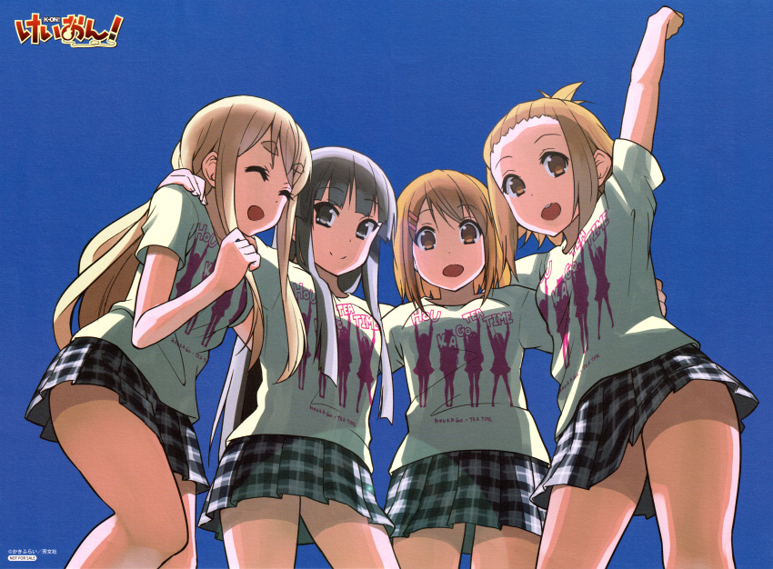 4girls, absurdres, akiyama_mio, arm_around_another's_back, black_eyes, black_hair, blonde_hair, breasts