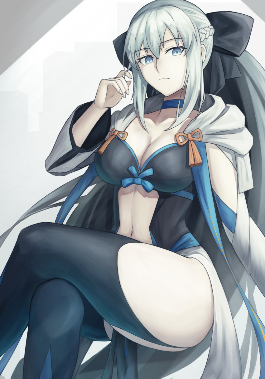 1girl, blue_choker, blue_eyes, boots, breasts, center_opening, choker, cleavage, crossed_legs, fate/grand_order, fate_(series), fingernails, grey_hair, highres, large_breasts, long_hair, morgan_le_fay_(fate), morgan_le_fay_(second_ascension)_(fate), navel, ponytail, sakahoko, solo, thigh_boots, thighs