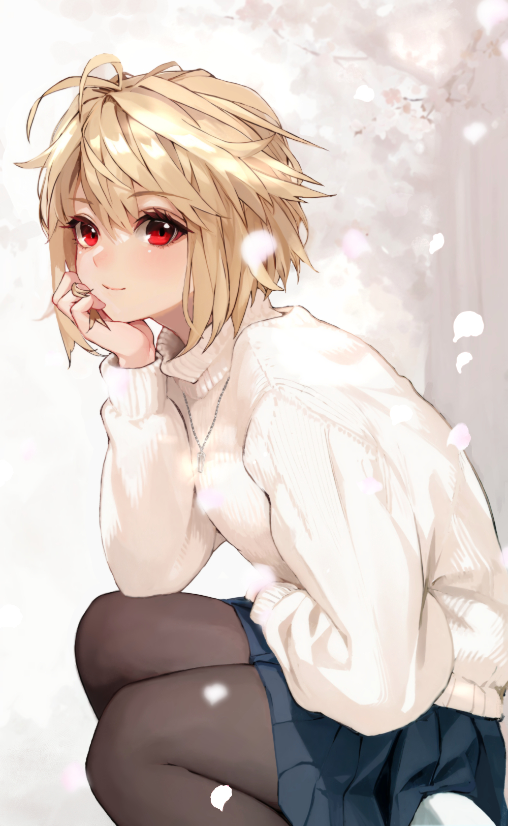 1girl, arcueid_brunestud, blonde_hair, brown_pantyhose, closed_mouth, day, eyelashes, falling_petals, from_side, hand_up, head_rest, highres, jewelry, junly, long_sleeves, looking_to_the_side, necklace, outdoors, pantyhose, petals, pleated_skirt, red_eyes, short_hair, sitting, skirt, smile, solo, sweater, tsukihime, tsukihime_(remake), white_sweater
