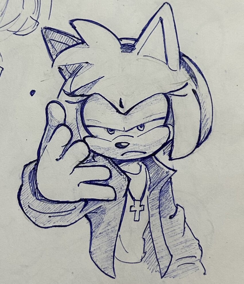 1girl, alternate_costume, amy_rose, animal_ears, animal_nose, closed_mouth, commentary, cooki_bob, cosplay, cropped_torso, cross, cross_necklace, eminem, eminem_(cosplay), english_commentary, frown, furry, furry_female, hairband, half-closed_eyes, hedgehog_girl, highres, jacket, jewelry, looking_at_viewer, monochrome, necklace, open_clothes, open_jacket, shirt, simple_background, solo, sonic_(series), traditional_media, upper_body