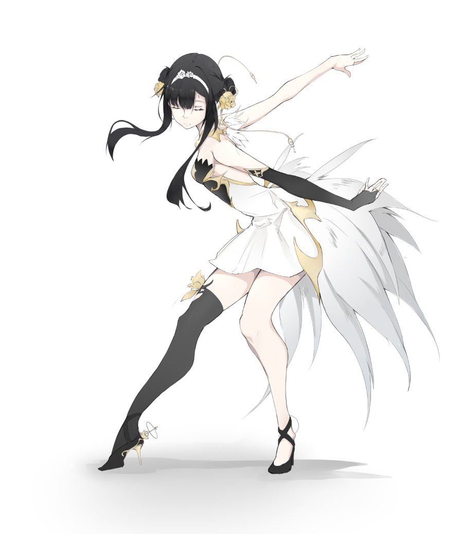 1girl, asymmetrical_gloves, asymmetrical_legwear, ballet_dress, black_gloves, black_hair, black_thighhighs, breasts