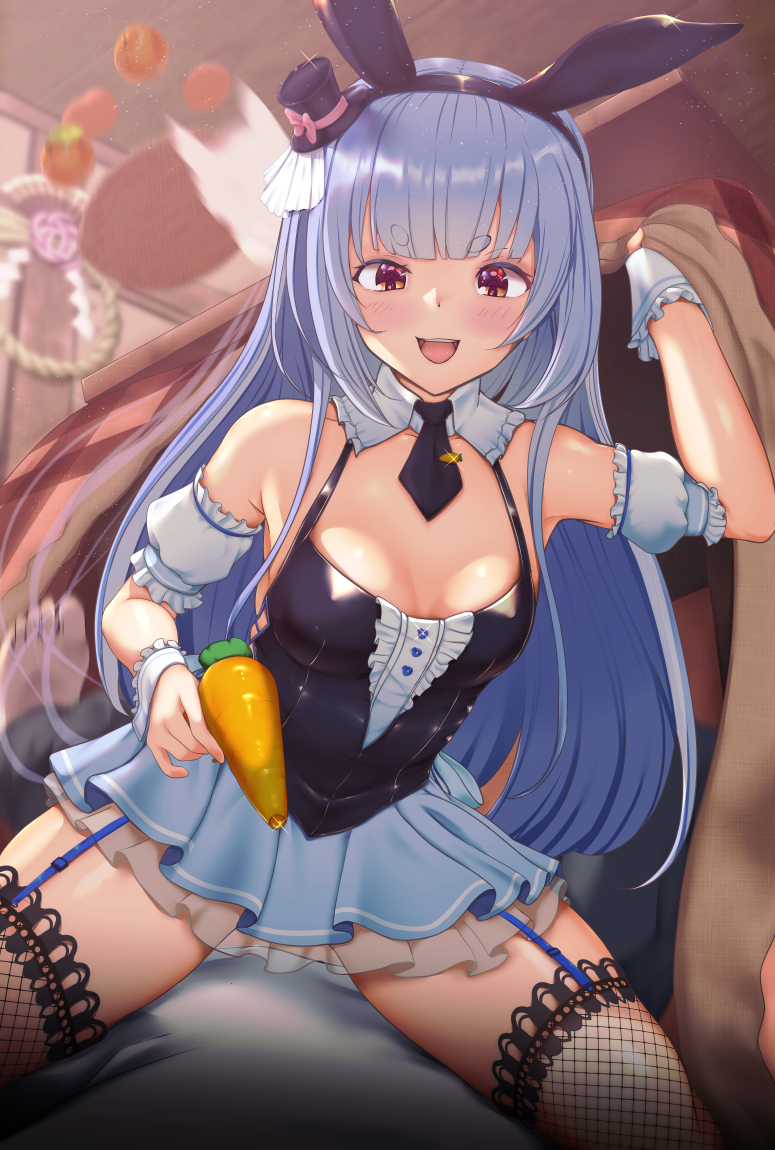 1boy, 1girl, :d, animal_ears, bare_shoulders, barefoot, black_hairband, black_necktie