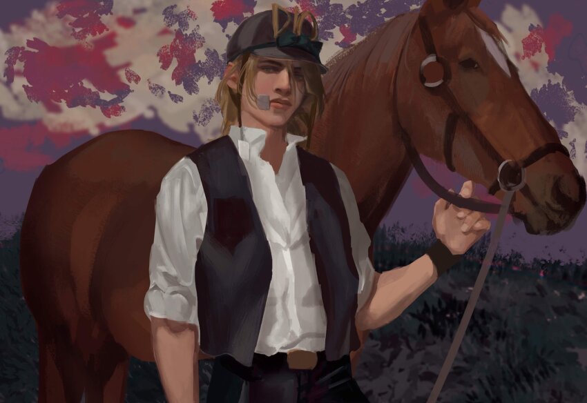 1boy, animal, bandage_on_face, bandages, belt, black_pants, black_vest, blonde_hair