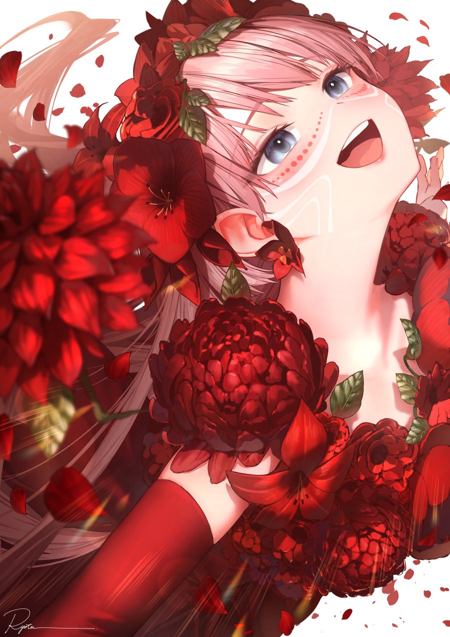 1girl, belle_(ryuu_to_sobakasu_no_hime), blush, earrings, elbow_gloves, facial_mark, flower, flower_earrings