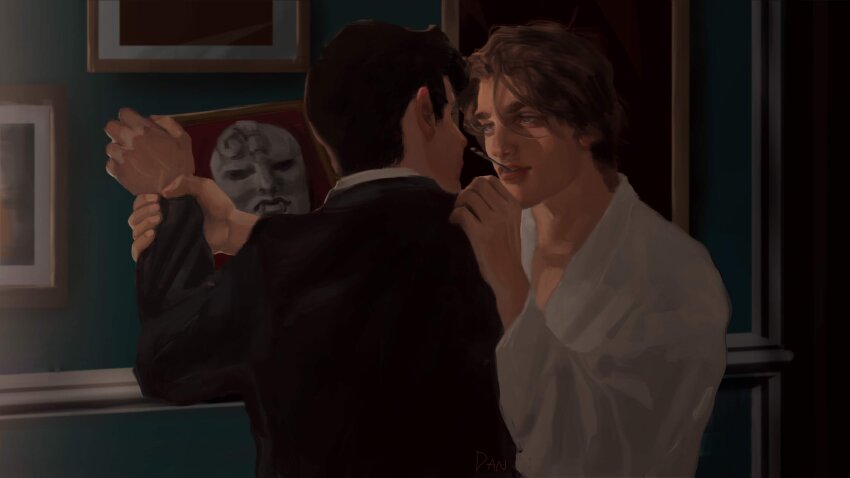 2boys, black_jacket, blonde_hair, blue_eyes, brown_hair, commentary_request, danart14020, dio_brando