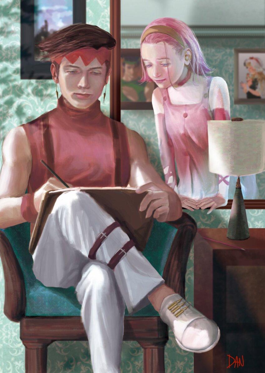 1boy, 1girl, black_hair, commentary_request, danart14020, diamond_wa_kudakenai, drawing, drawing_(object)